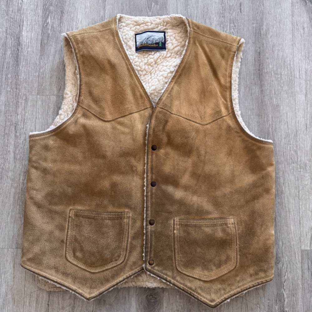 Vintage 70's Fieldmaster Mens Tan Suede Leather Sherpa Lined Western Vest Medium